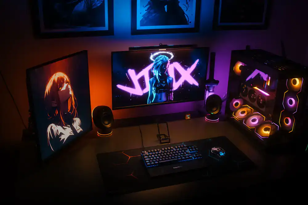 Large woven gaming desk mat featuring cyberpunk city graphics